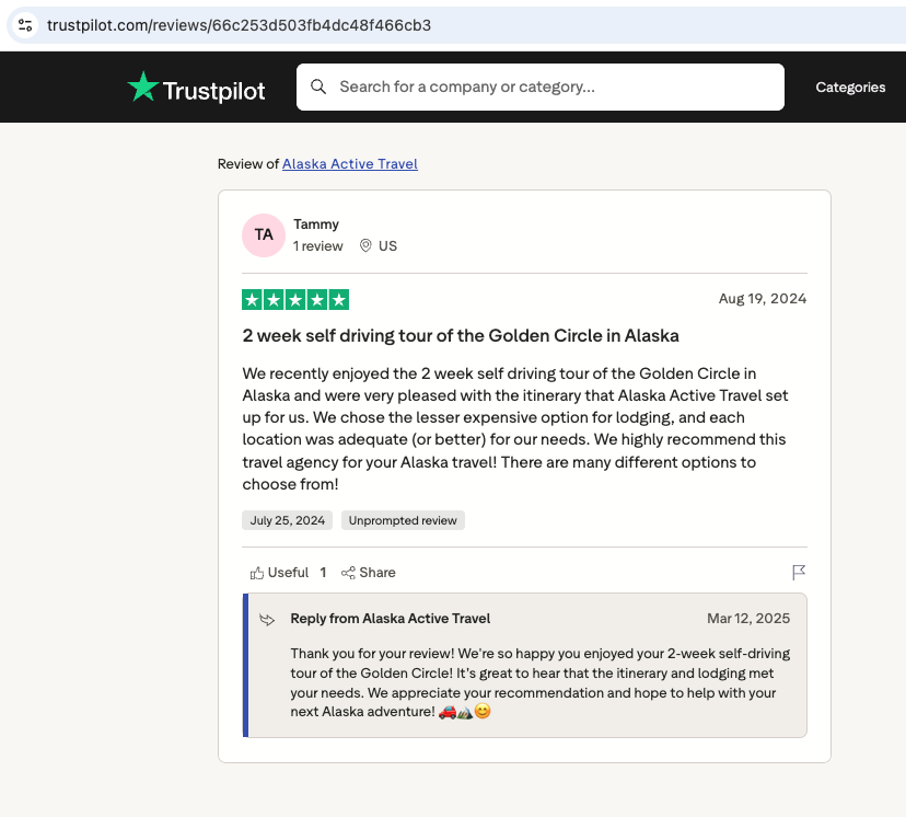 Screenshot of a Trustpilot review for Alaska Active Travel by Tammy praising a 2-week self-driving tour of the Golden Circle in Alaska.