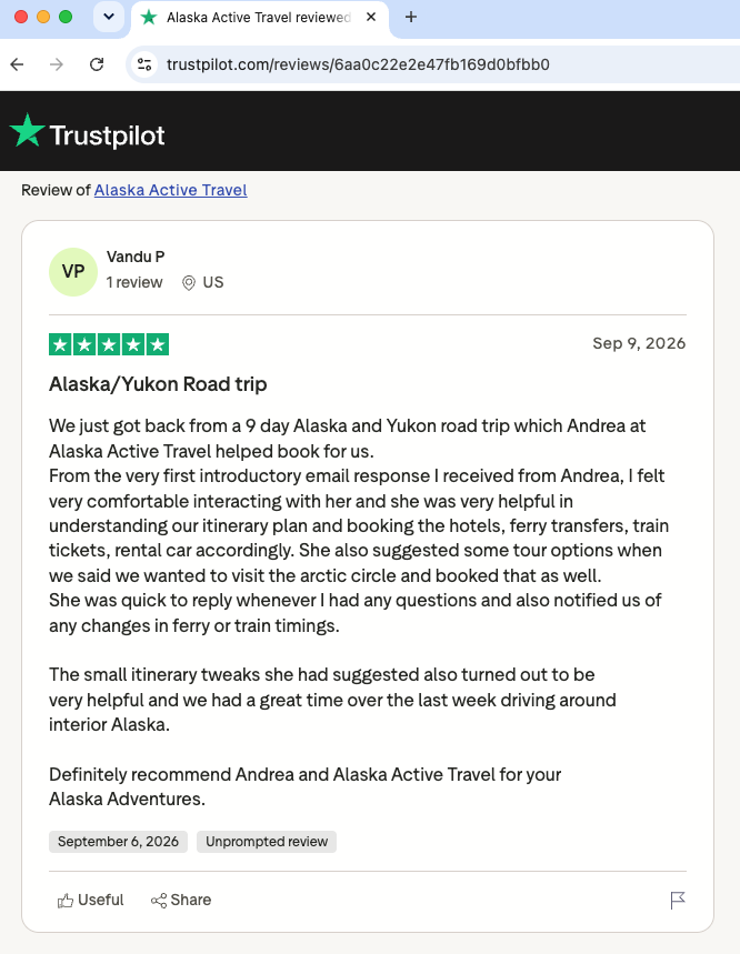 Screenshot of a Trustpilot review for Alaska Active Travel by Vandu P from the US