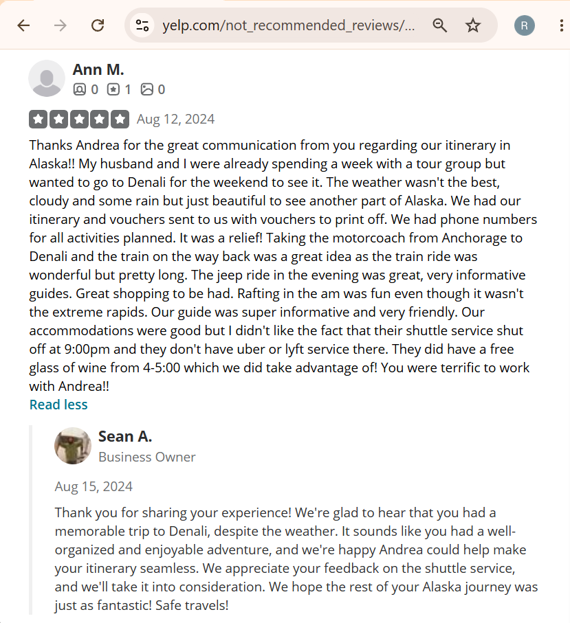 Screenshot of a Yelp review by Ann M. praising a well-organized Alaska trip with good communication, informative guides, and enjoyable activities