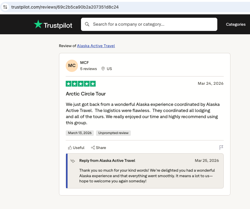 Screenshot of a Trustpilot review for Alaska Active Travel. gives a five-star rating and praises the flawless logistics and