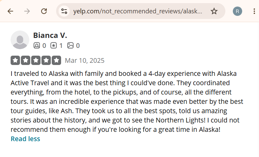 Screenshot of a five-star review by Bianca V. dated March 10, 2025, praising a 4-day Alaska Active Travel experience, mentioning excellent coordination, knowledgeable guides, and seeing the Northern Lights.