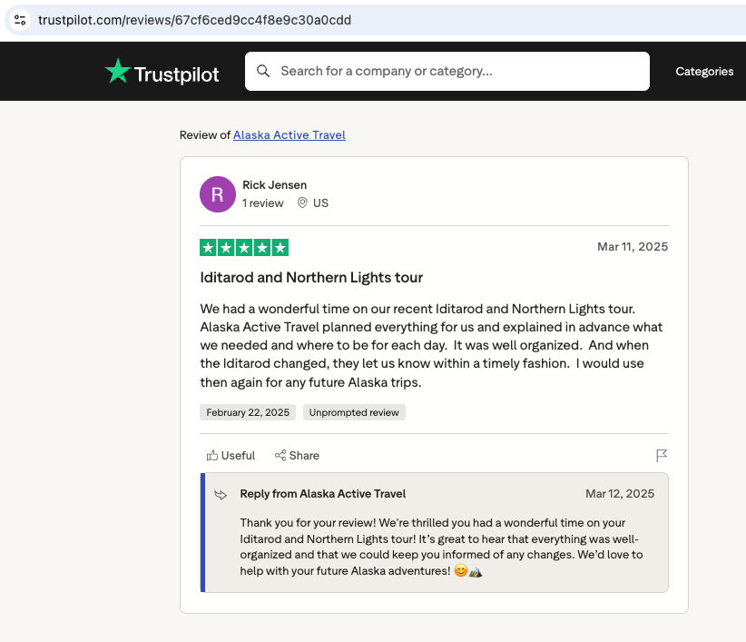 Screenshot of a Trustpilot review for Alaska Active Travel by Rick Jensen, praising the well-organized Iditarod and Northern Lights tour and timely updates.