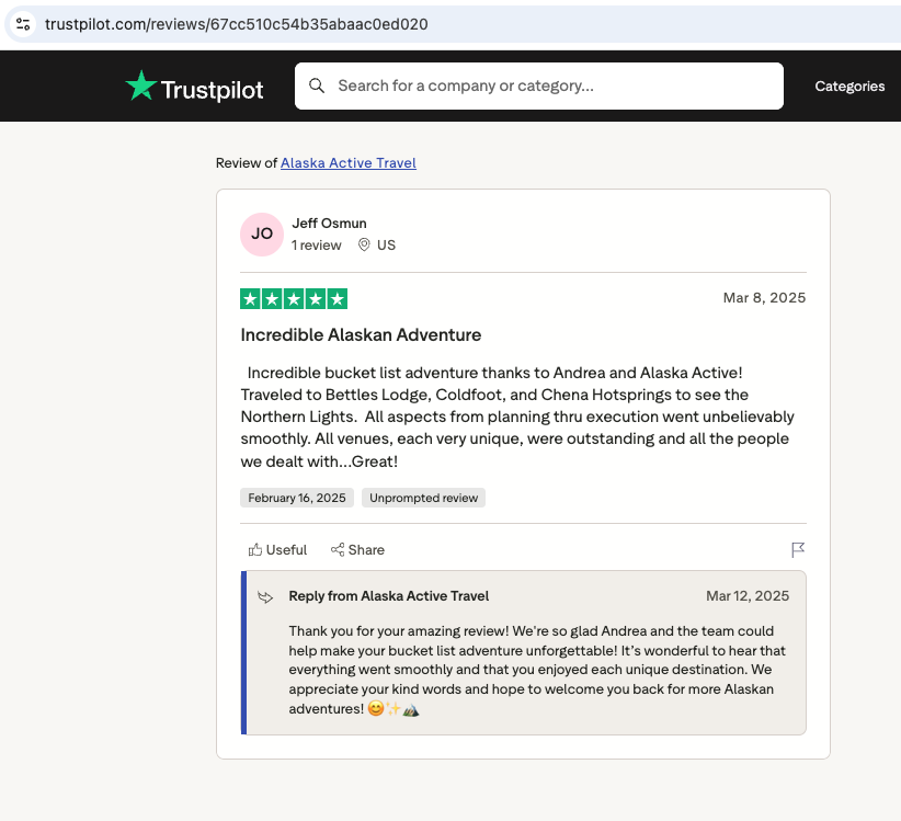 Screenshot of a Trustpilot review for Alaska Active Travel by Jeff Osmun The review gives five stars and describes an incredible Alaskan adventure visiting Bettles Lodge, Coldfoot, and Chena Hotsprings to see the Northern Lights.