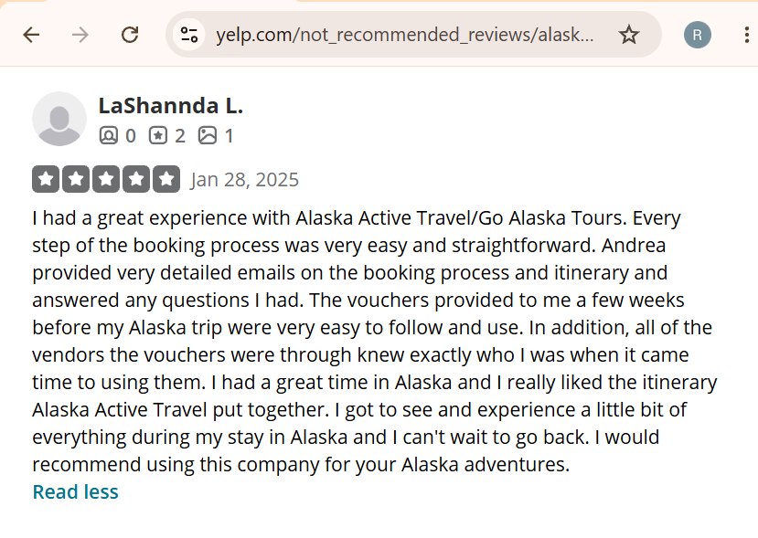 Screenshot of a five-star review by LaShannda L. praising Alaska Active Travel
