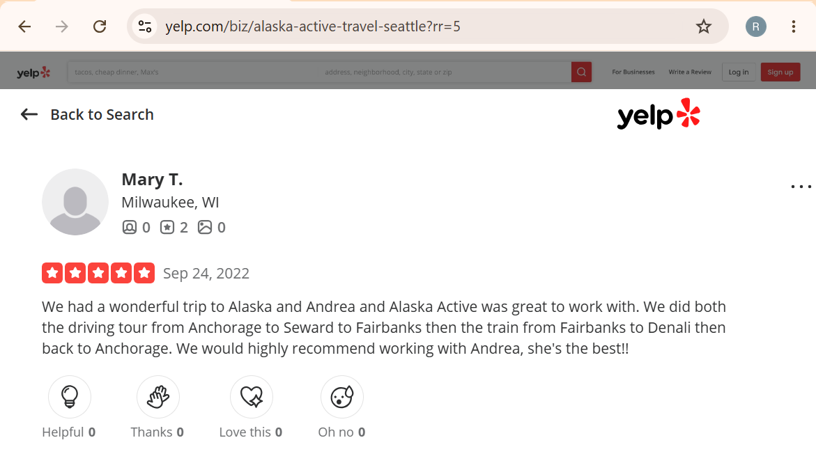 Screenshot of a Yelp review by Mary T. from Milwaukee, Wisconsin, giving Alaska Active Travel five stars. The review praises the travel service,
