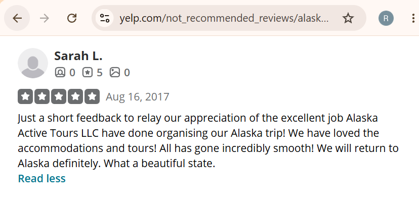 Screenshot of a Yelp review by Sarah L giving five stars and praising for excellent organisation of an Alaska trip,