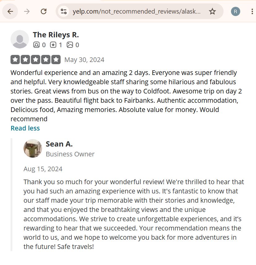 Screenshot of a Yelp review by The Rileys R. praising a two-day Alaska trip with friendly staff, great views, and authentic accommodation.