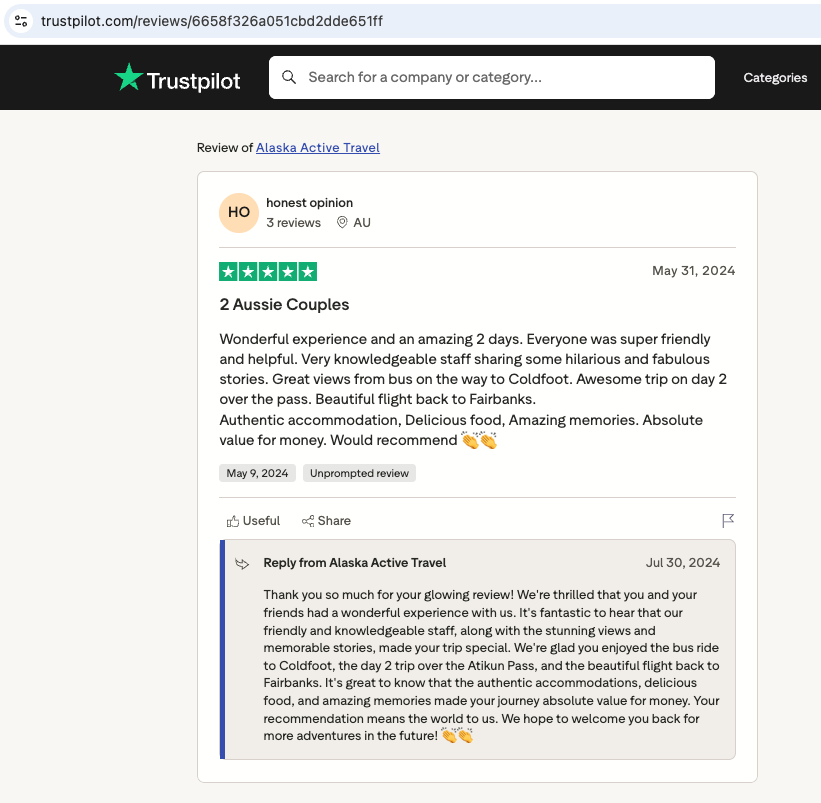 Screenshot of a Trustpilot review for Alaska Active Travel by user 'honest opinion' praising the friendly staff, beautiful views, authentic accommodation, and delicious food during a two-day trip